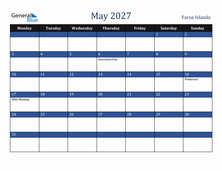 May 2027 Faroe Islands Calendar (Monday Start)