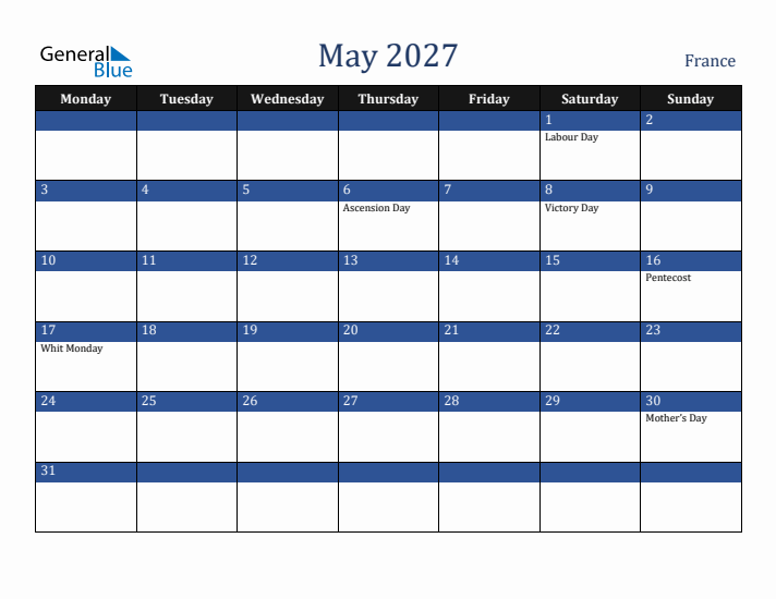 May 2027 France Calendar (Monday Start)