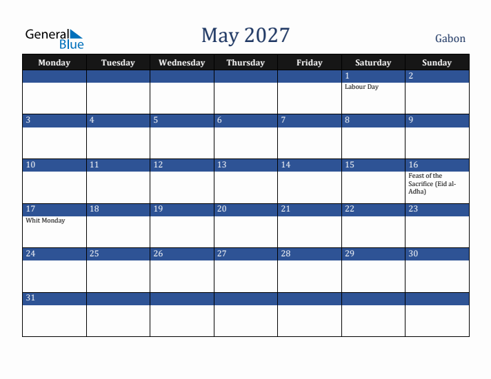 May 2027 Gabon Calendar (Monday Start)
