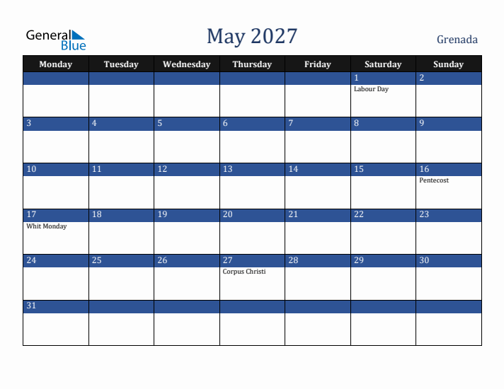 May 2027 Grenada Calendar (Monday Start)