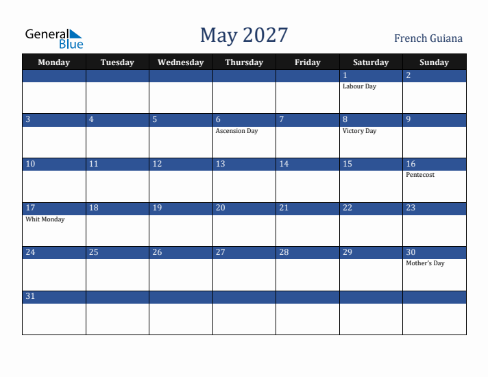 May 2027 French Guiana Calendar (Monday Start)