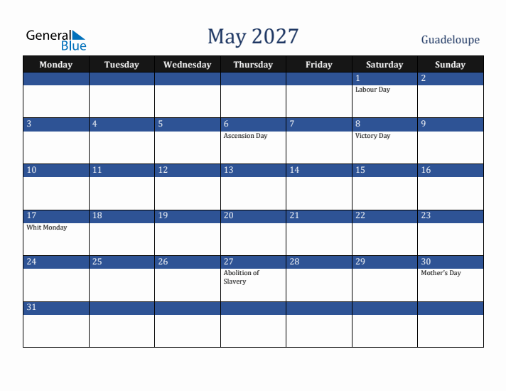 May 2027 Guadeloupe Calendar (Monday Start)