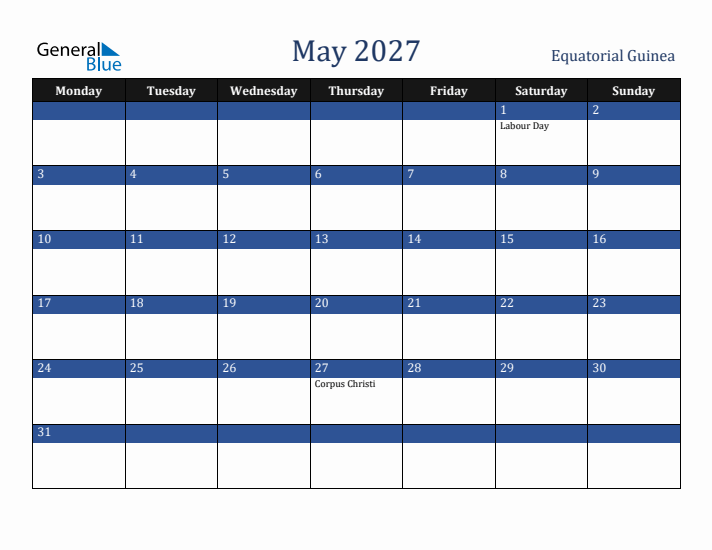 May 2027 Equatorial Guinea Calendar (Monday Start)