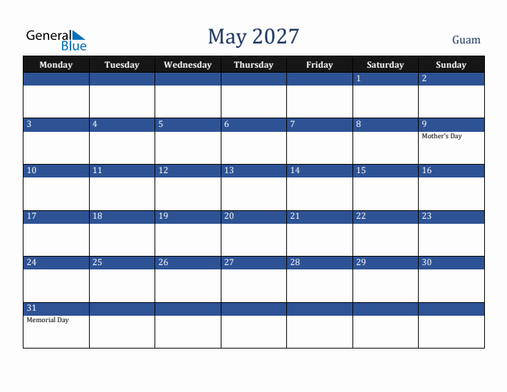 May 2027 Guam Calendar (Monday Start)