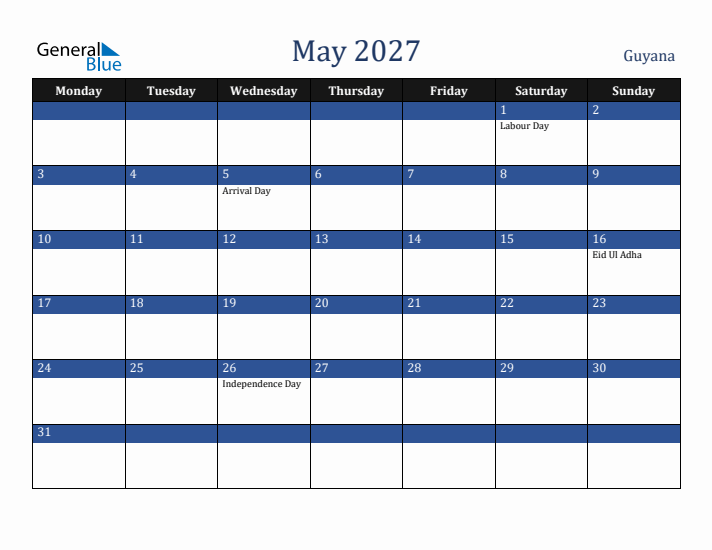 May 2027 Guyana Calendar (Monday Start)