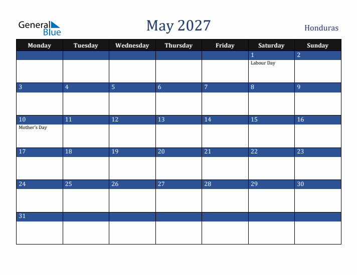 May 2027 Honduras Calendar (Monday Start)