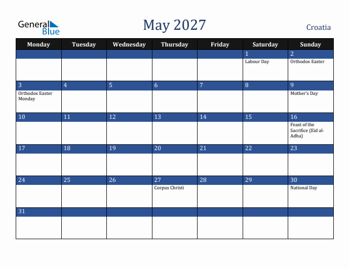 May 2027 Croatia Calendar (Monday Start)