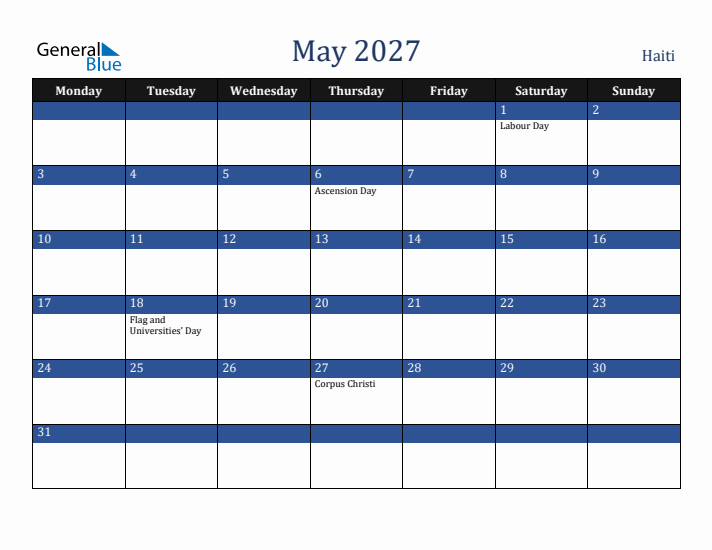 May 2027 Haiti Calendar (Monday Start)