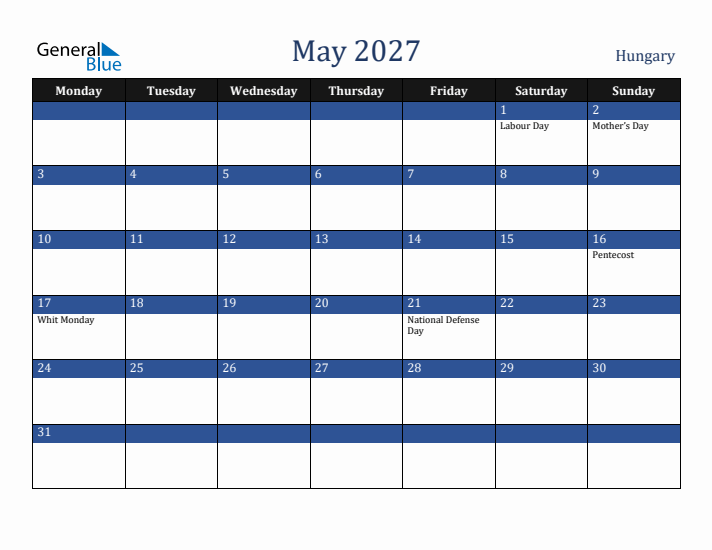 May 2027 Hungary Calendar (Monday Start)