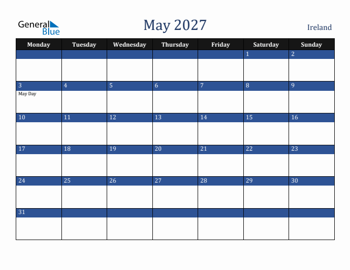 May 2027 Ireland Calendar (Monday Start)