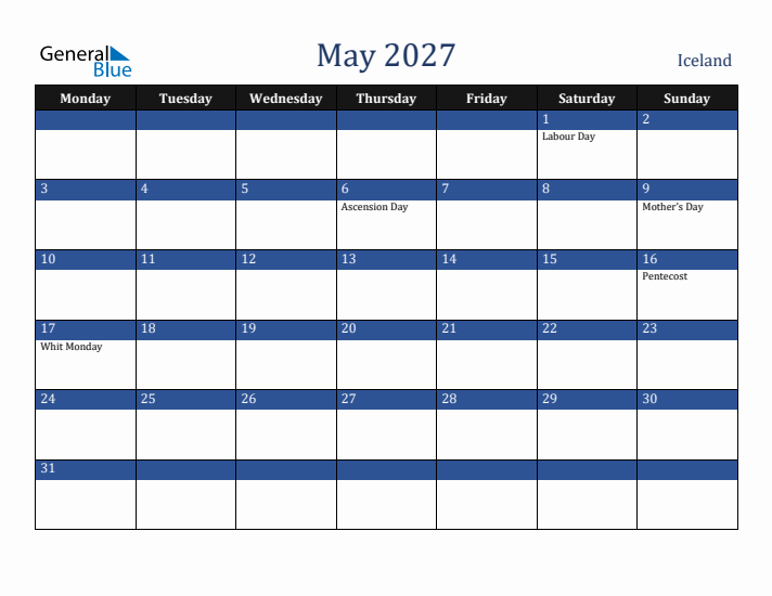 May 2027 Iceland Calendar (Monday Start)
