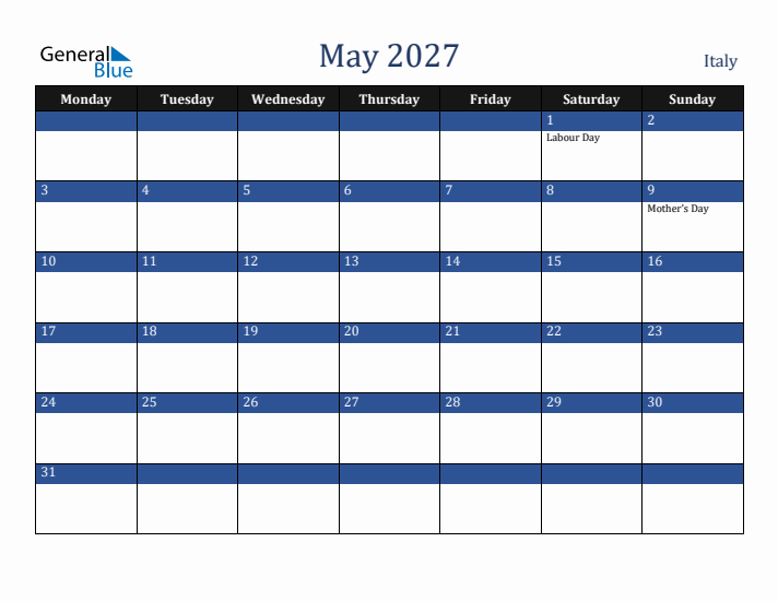 May 2027 Italy Calendar (Monday Start)