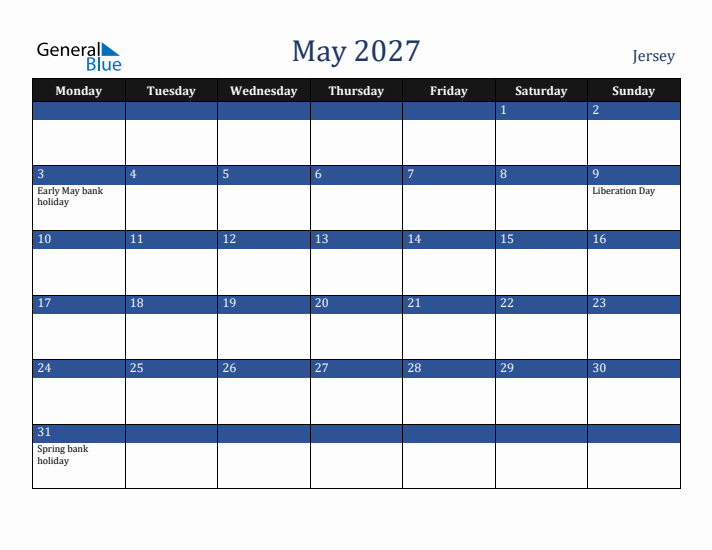 May 2027 Jersey Calendar (Monday Start)