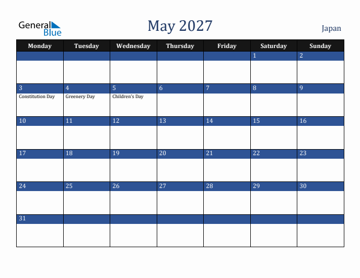May 2027 Japan Calendar (Monday Start)