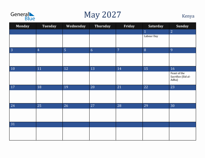 May 2027 Kenya Calendar (Monday Start)