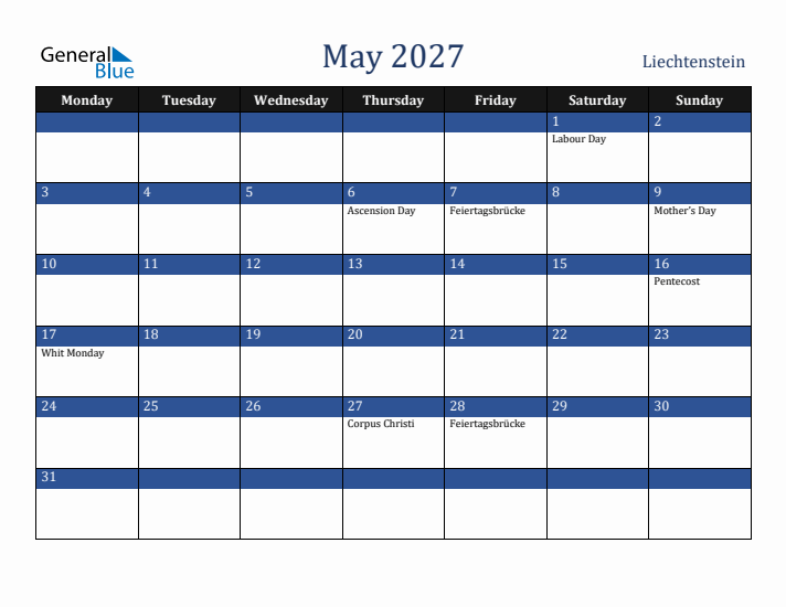 May 2027 Liechtenstein Calendar (Monday Start)