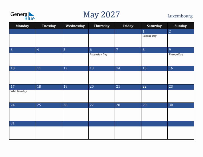 May 2027 Luxembourg Calendar (Monday Start)