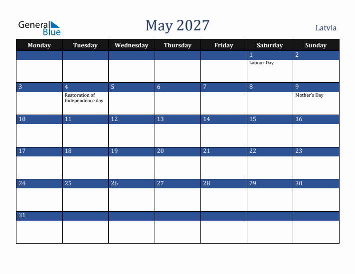May 2027 Latvia Calendar (Monday Start)