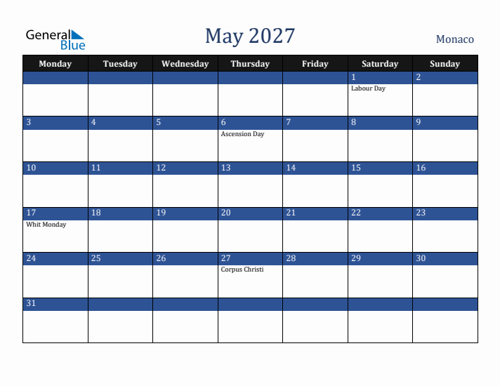May 2027 Monaco Calendar (Monday Start)