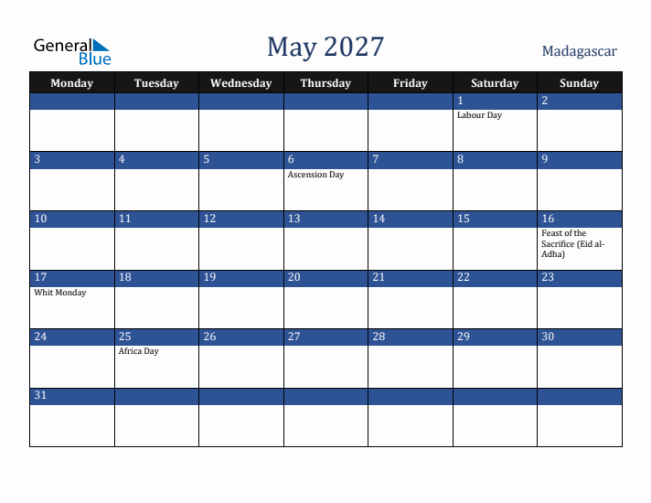 May 2027 Madagascar Calendar (Monday Start)