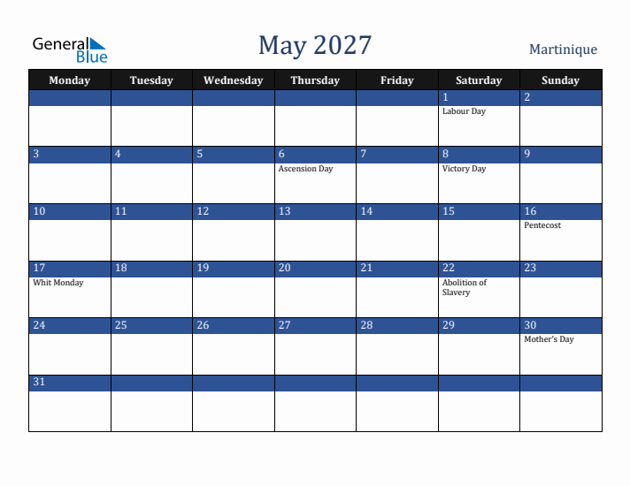 May 2027 Martinique Calendar (Monday Start)