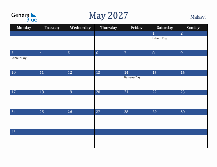 May 2027 Malawi Calendar (Monday Start)