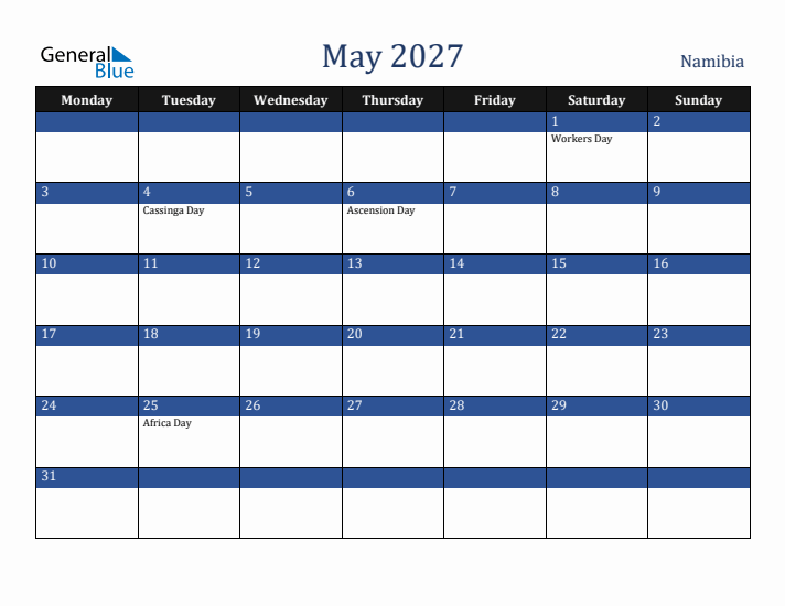 May 2027 Namibia Calendar (Monday Start)