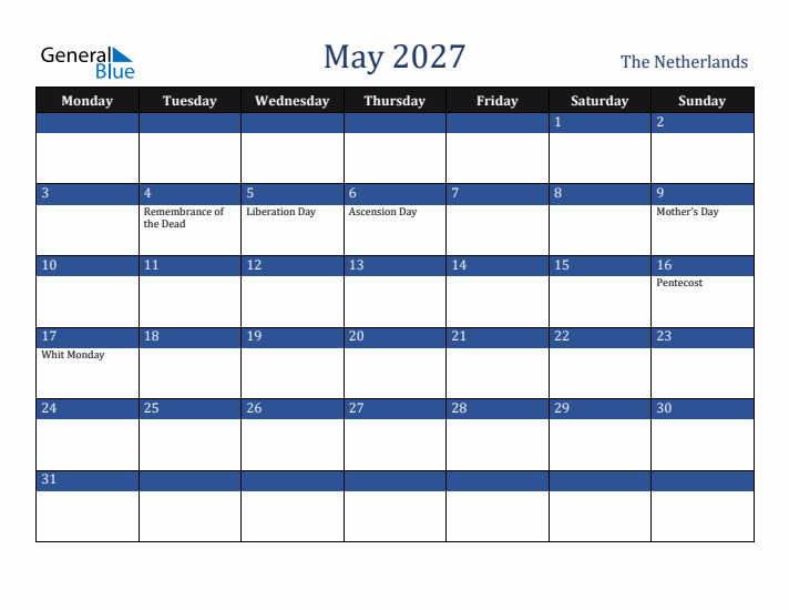 May 2027 The Netherlands Calendar (Monday Start)