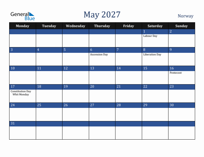 May 2027 Norway Calendar (Monday Start)