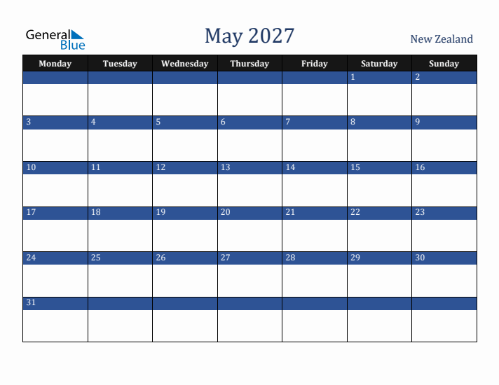 May 2027 New Zealand Calendar (Monday Start)