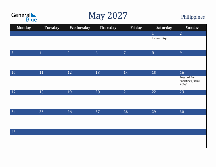 May 2027 Philippines Calendar (Monday Start)