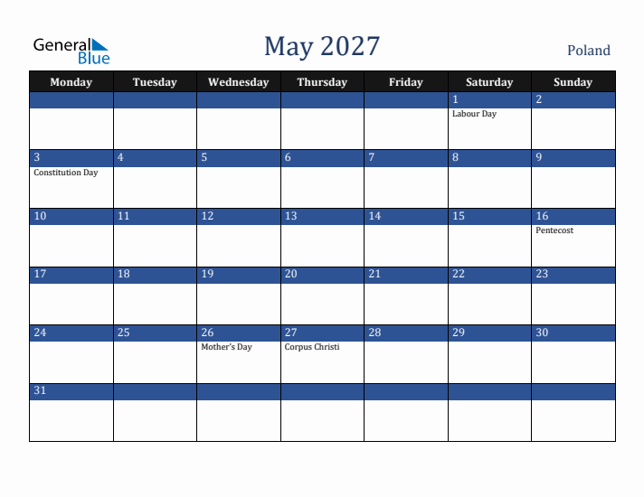 May 2027 Poland Calendar (Monday Start)