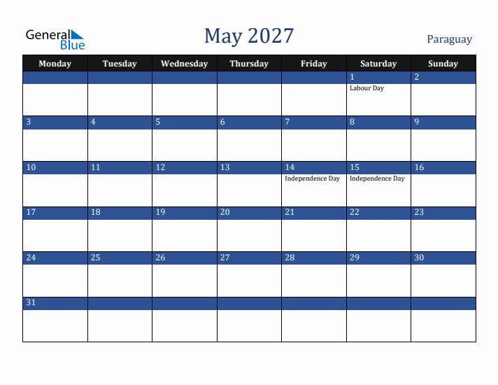 May 2027 Paraguay Calendar (Monday Start)