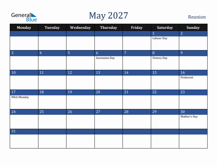 May 2027 Reunion Calendar (Monday Start)