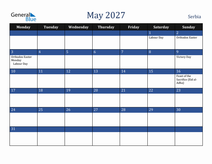 May 2027 Serbia Calendar (Monday Start)