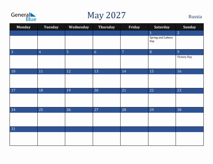 May 2027 Russia Calendar (Monday Start)