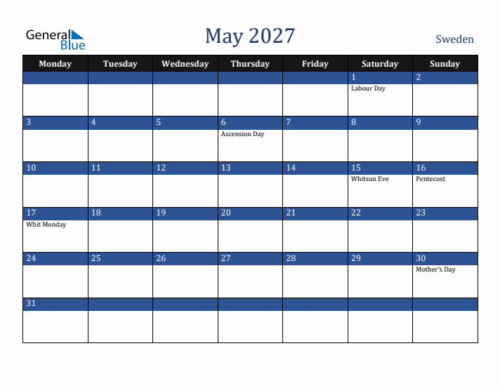 May 2027 Sweden Calendar (Monday Start)