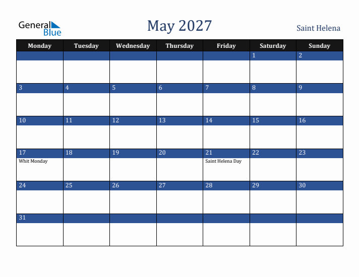 May 2027 Saint Helena Calendar (Monday Start)
