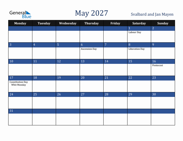 May 2027 Svalbard and Jan Mayen Calendar (Monday Start)