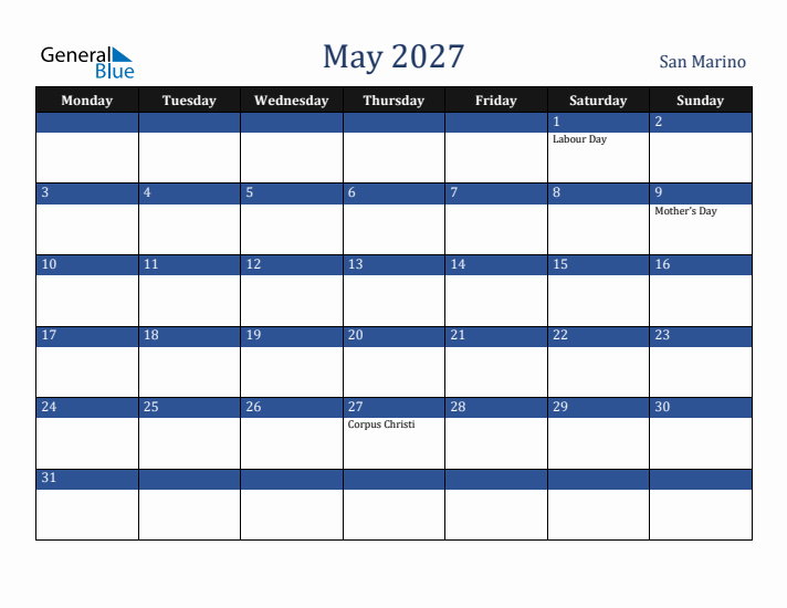 May 2027 San Marino Calendar (Monday Start)