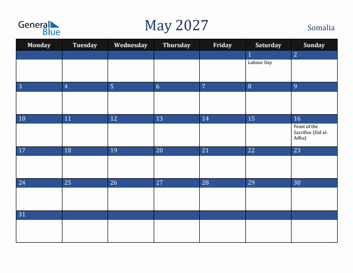 May 2027 Somalia Calendar (Monday Start)