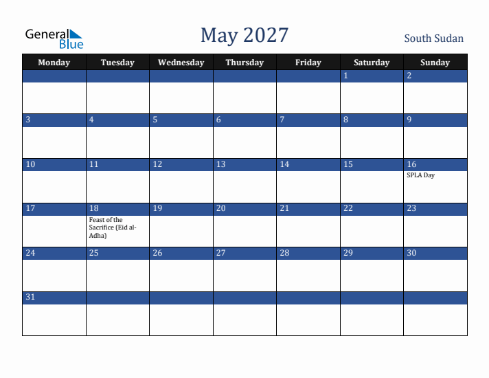 May 2027 South Sudan Calendar (Monday Start)