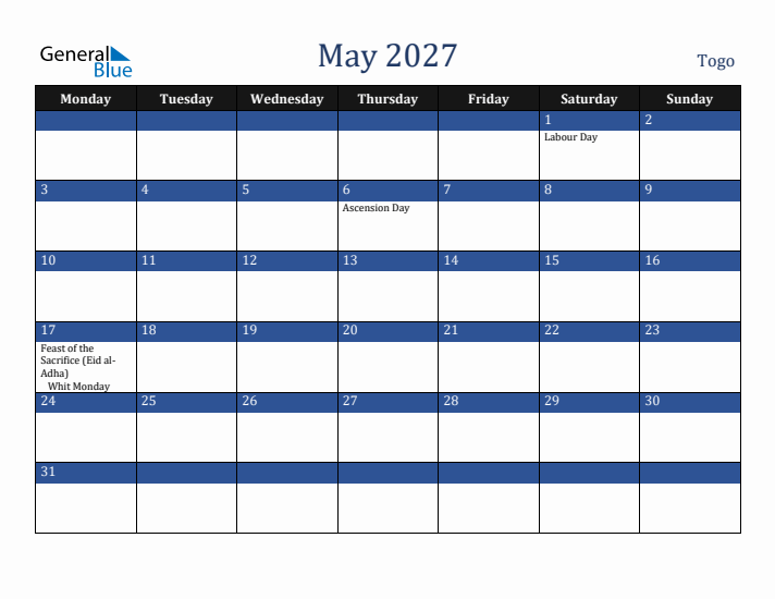 May 2027 Togo Calendar (Monday Start)