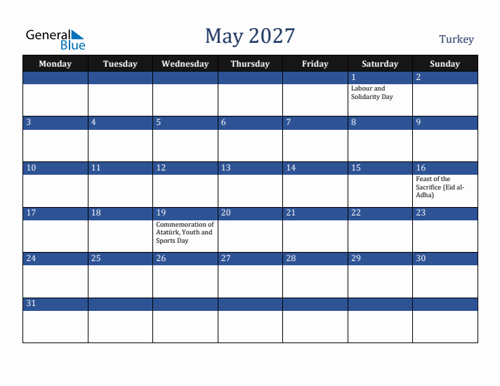 May 2027 Turkey Calendar (Monday Start)
