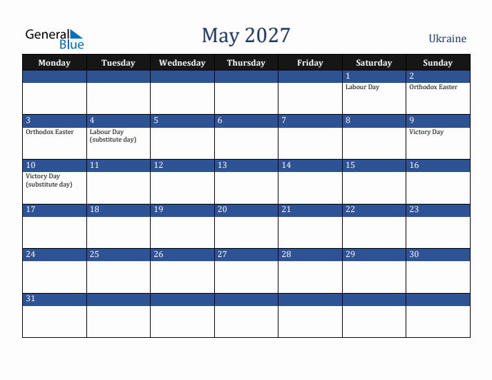 May 2027 Ukraine Calendar (Monday Start)