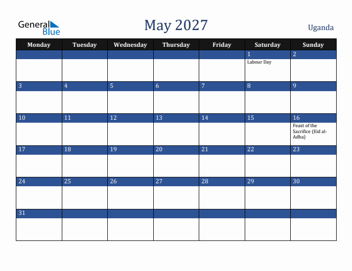 May 2027 Uganda Calendar (Monday Start)
