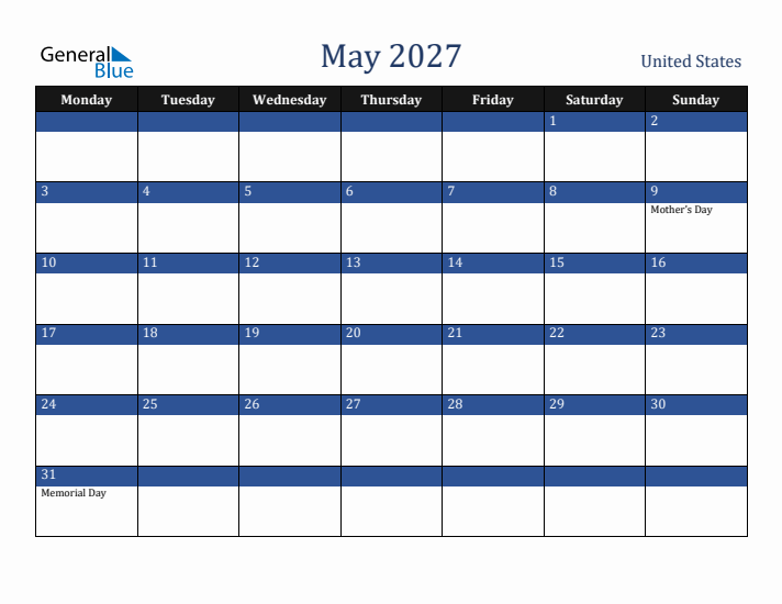 May 2027 United States Calendar (Monday Start)