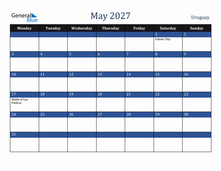 May 2027 Uruguay Calendar (Monday Start)