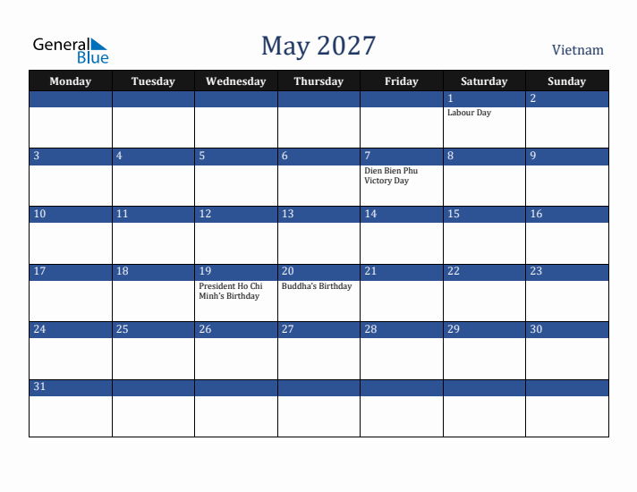 May 2027 Vietnam Calendar (Monday Start)