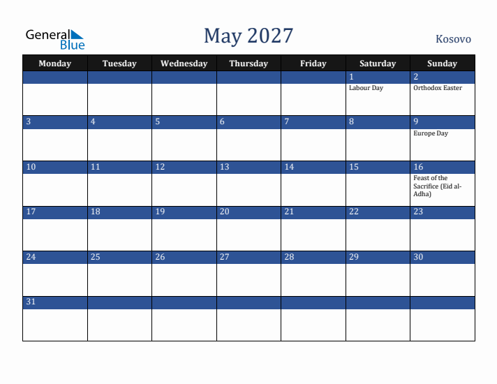 May 2027 Kosovo Calendar (Monday Start)